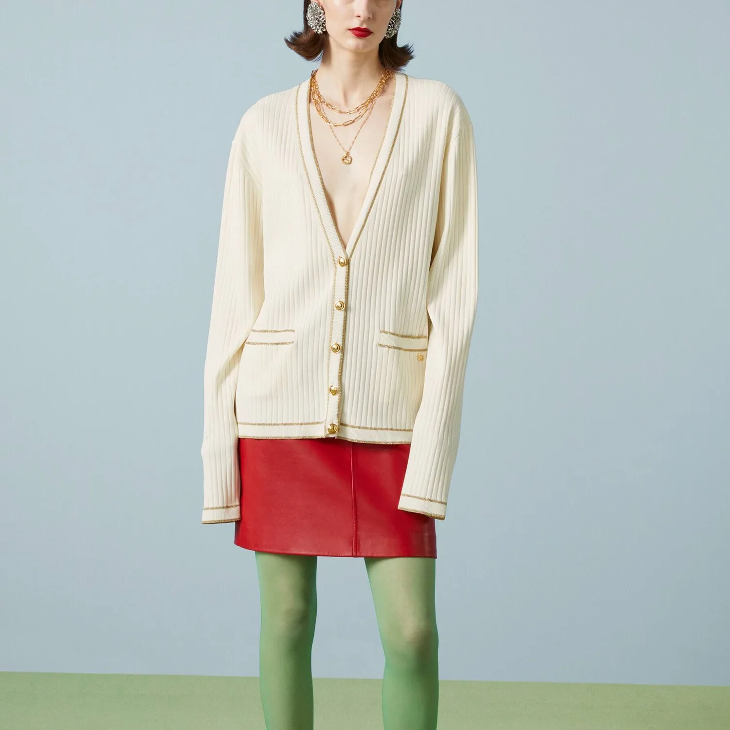 Кардиган Gucci женский вязаный с V-образным вырезом, цвет экрю — фото 4
