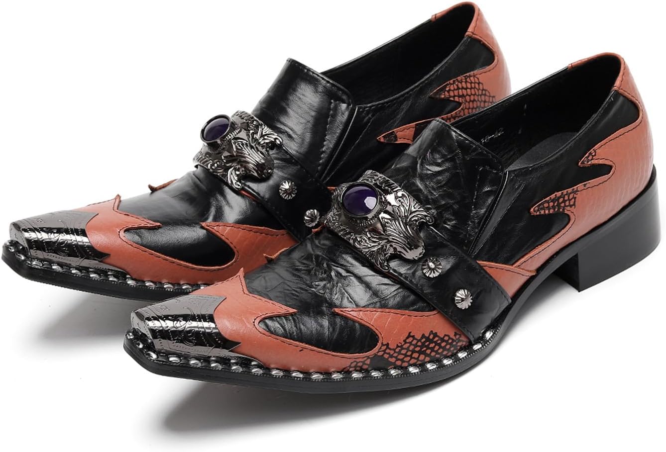 

Мужские кожаные лоферы Santimon без шнурков с металлическим носком и пряжкой с драконьим камнем - винтажные панк-туфли в готическом стиле для повседневной носки, свадьбы, вечеринки или сцены, коричневый
