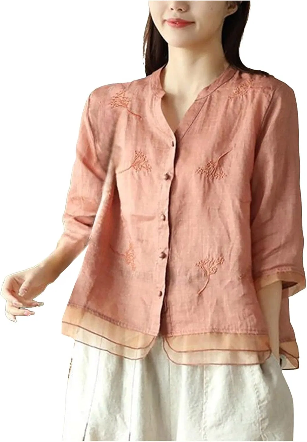 Блуза с цветочным принтом, Cotton Linen T-Shirt, оранжевый