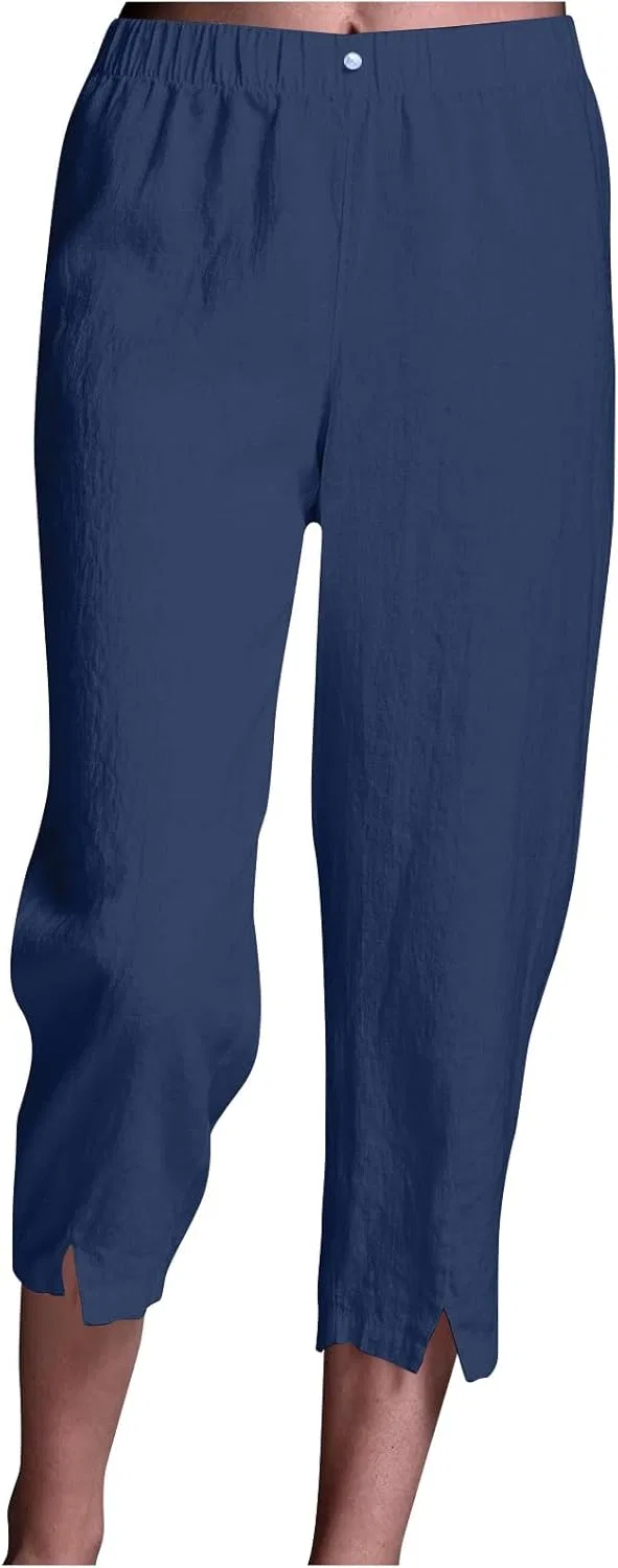 Льняные брюки женские 2026 Capri Pants с разрезом спереди, прямые, повседневные, свободные, с эластичной талией, укороченные Generic, темно-синий