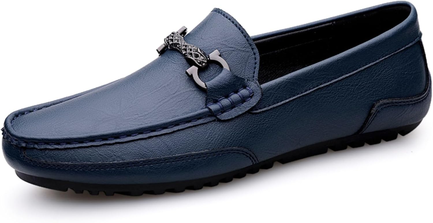 

Мужские лоферы из натуральной кожи с металлической пряжкой, мягкой подошвой, удобным носком, подходящие для повседневной носки, офиса в стиле бизнес-кэжуал и повседневных прогулок Psieicwm, синий