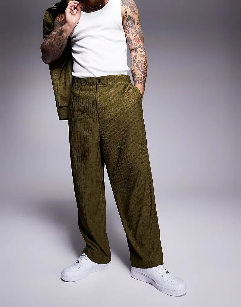 

Широкие брюки ASOS DESIGN оливкового цвета с жатой текстурой