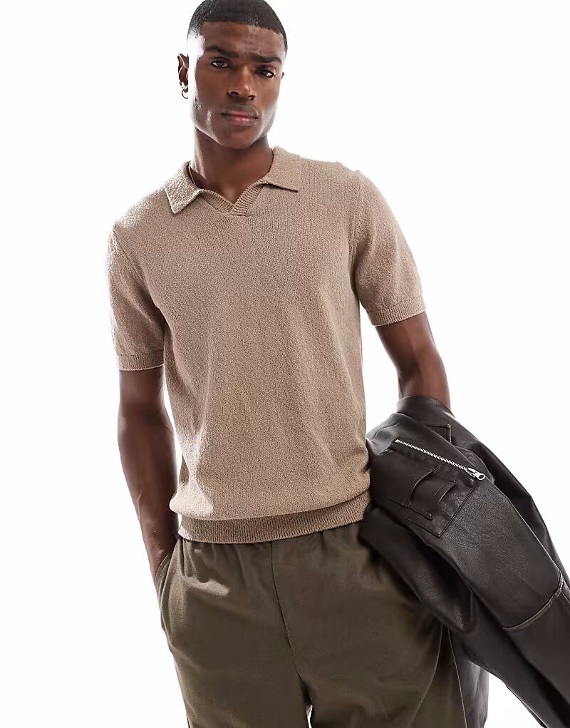 

Рубашка-поло Premium с разрезом на горловине и текстурой букле светло-коричневого цвета Jack & Jones