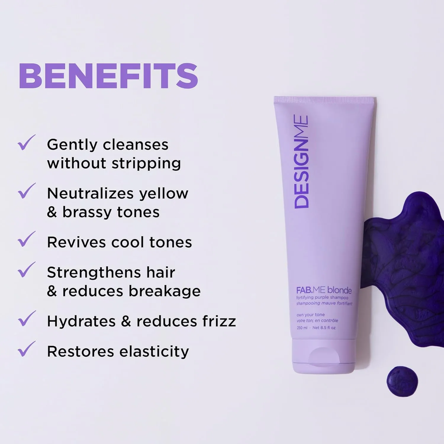 Design.Me FAB.ME Blonde Fortifying Purple Shampoo, тонирующий шампунь для блонда, нейтрализует желтизну и медные оттенки, с гиалуроновой кислотой — фото 2