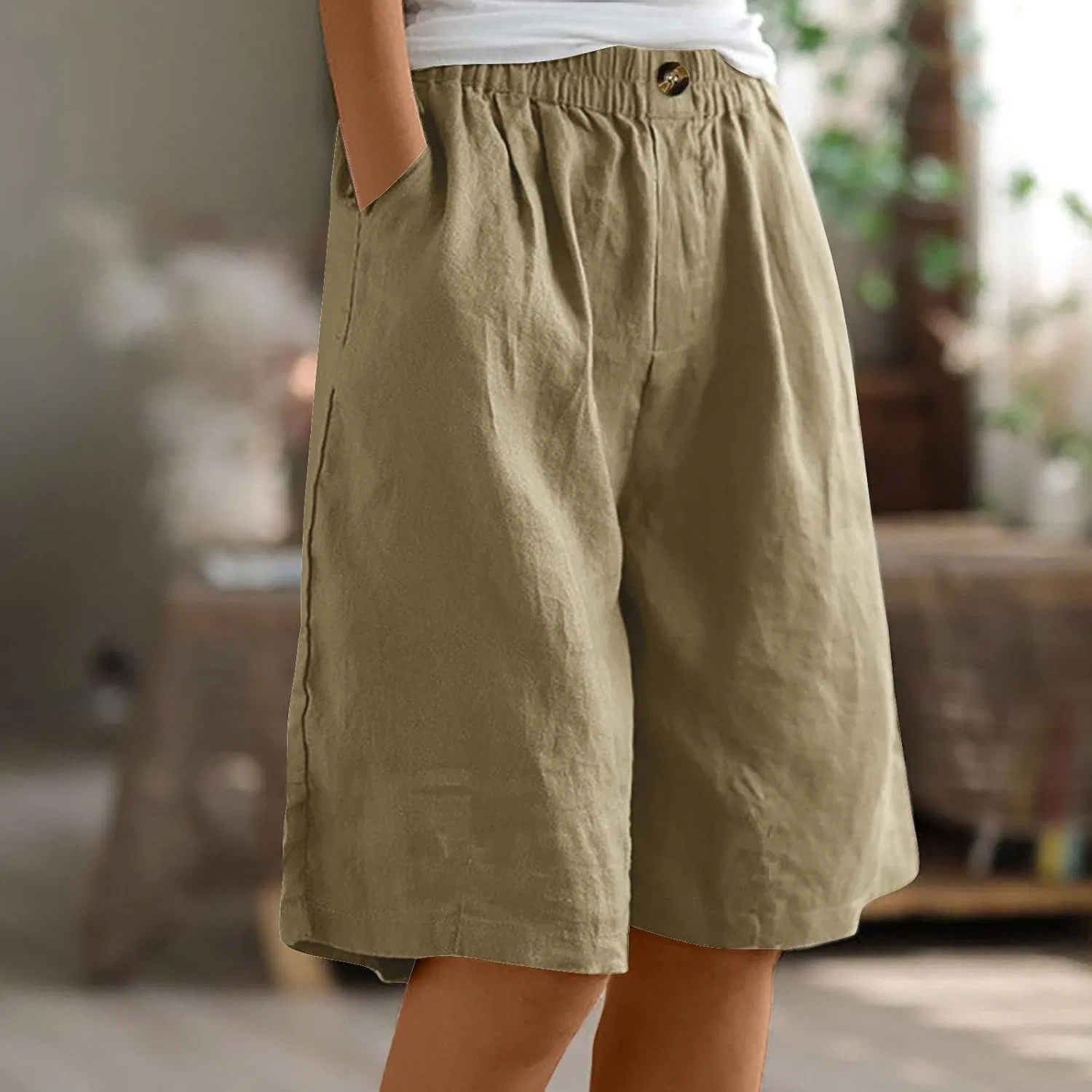 Шорты бермуды из хлопка и льна, khaki, Generic — фото 3