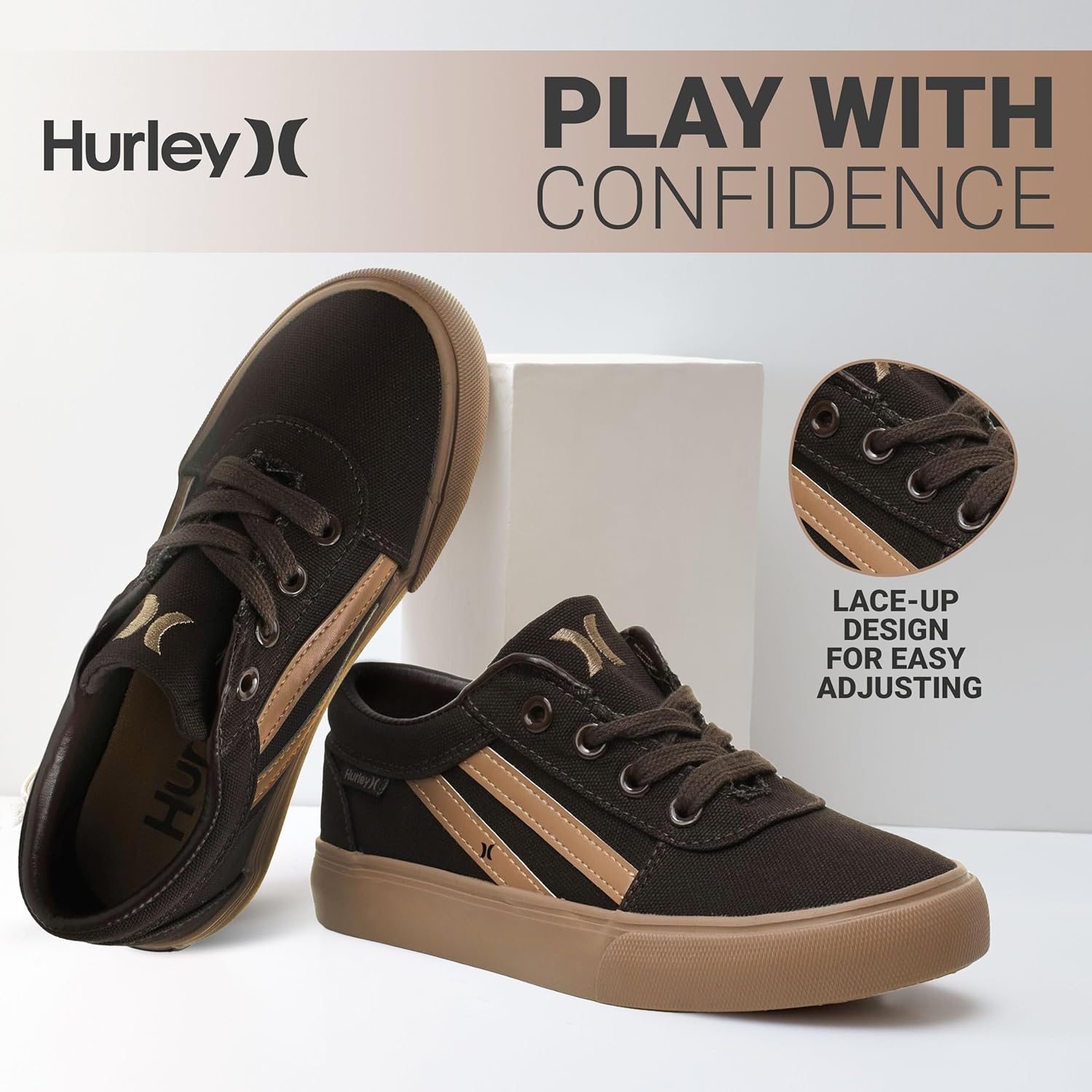Кеды Hurley Boardy Kids с шнуровкой - низкие кроссовки для скейтборда для детей, спортивная обувь для мальчиков и девочек, коричневый — фото 2
