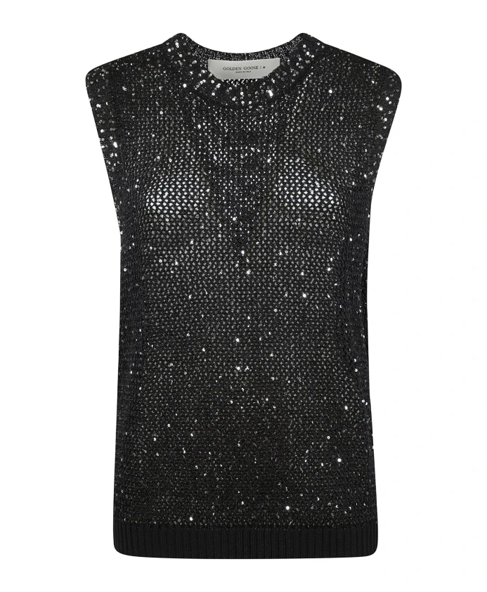 

Вязаный топ из сетчатой ткани с пайетками и контрастными деталями. Golden Goose, черный