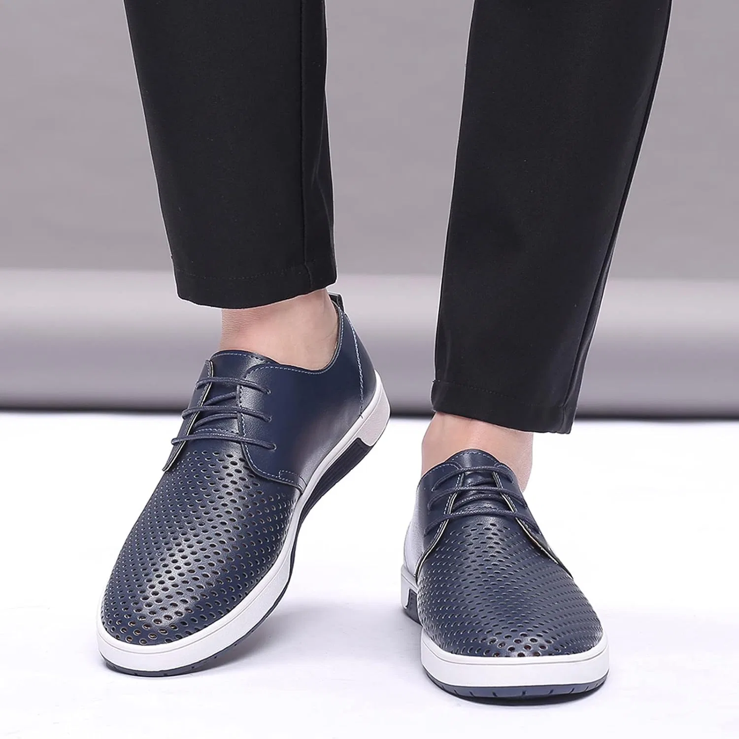 Туфли Sommer Herren Atmungsaktive Bequeme Business Lace Up Freizeit Hohl Solide Leder Schuhe Sportliche Wanderschuhe Männer Generic, Blau — фото 3