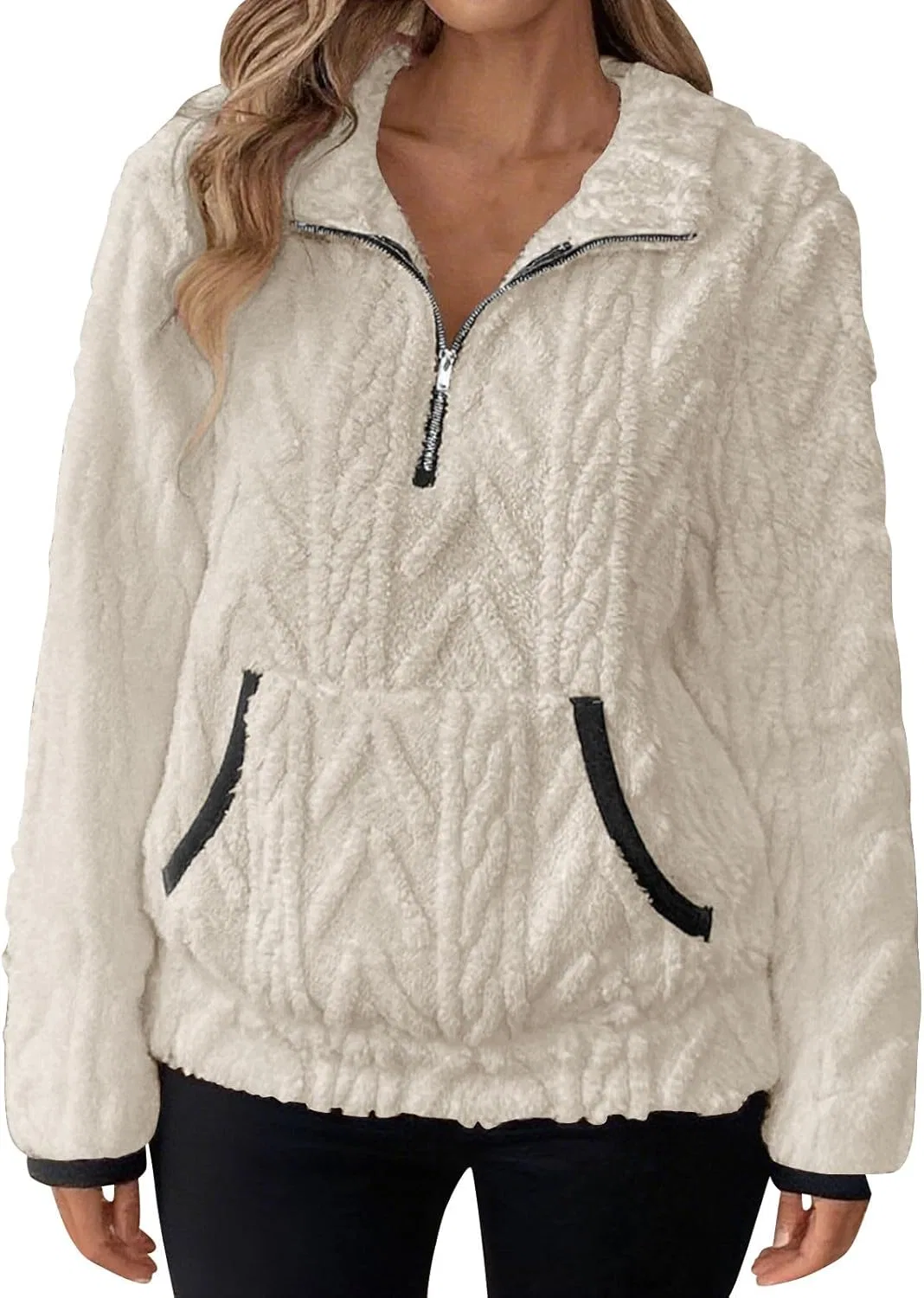 Женский свитер с капюшоном Sherpa, флисовый, на молнии, с воротником-стойкой, Beige-2