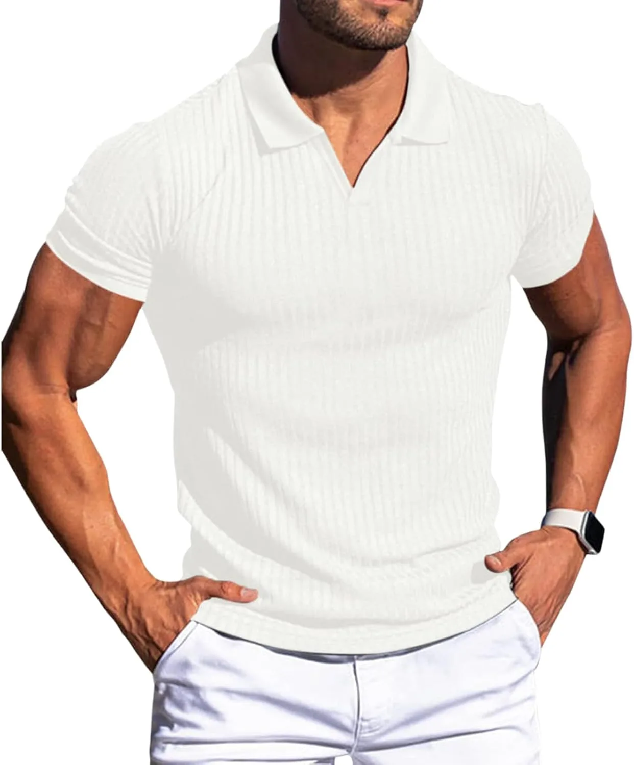 

Мужская поло с V-вырезом, короткий рукав, полосатая, легкая Thatrich