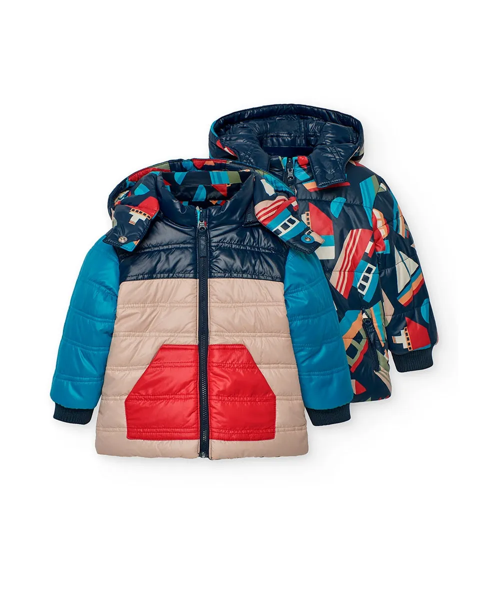 

Детский пуховик с принтом и съемным капюшоном Boboli, синий/бежевый