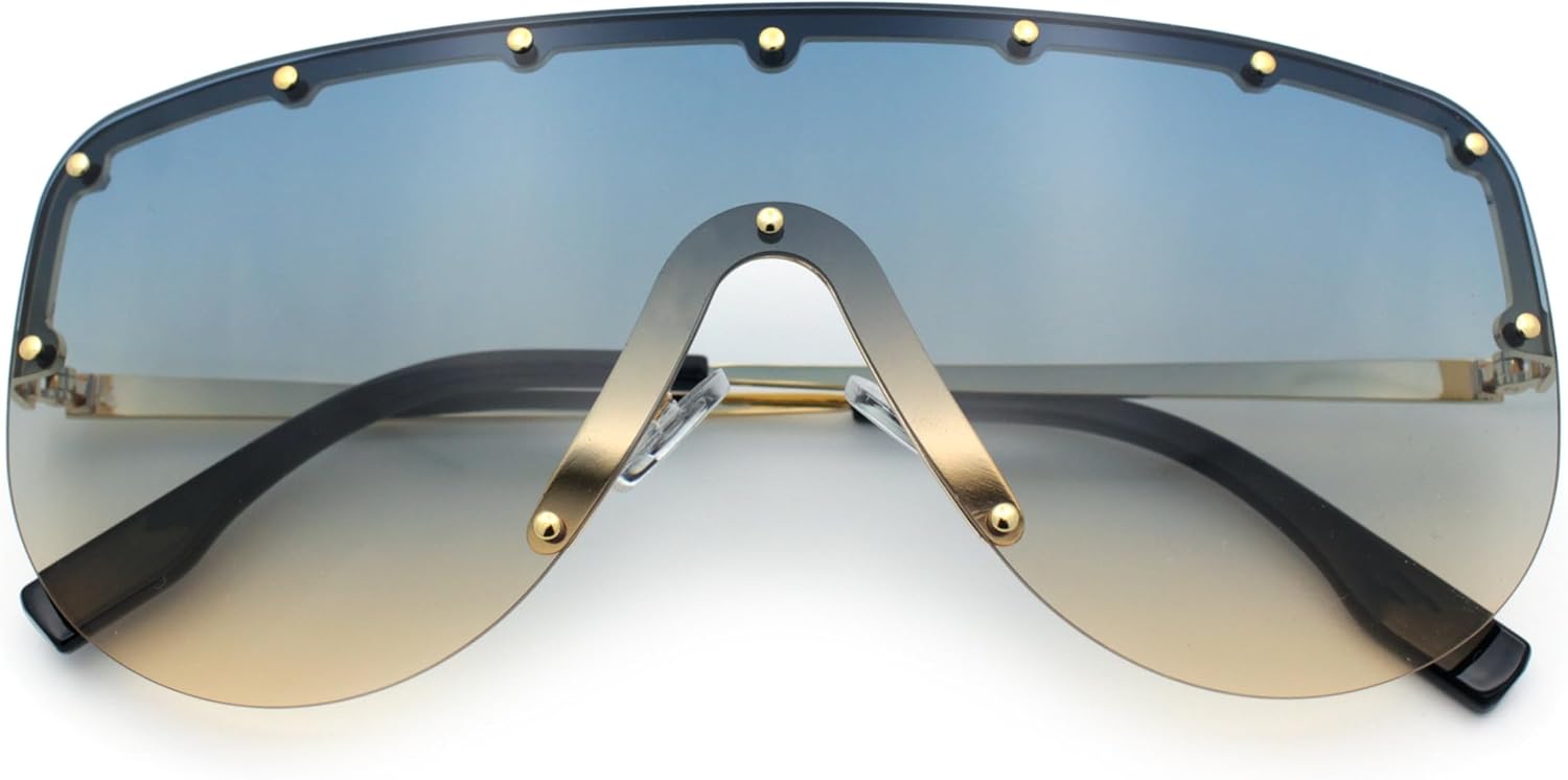 

SA106 Металлические заклепки, плоская верхняя часть, полуободковая оправа, безободковые солнцезащитные очки-щиток, увеличенного размера, в стиле «гоночные очки», Gold - Black Beige