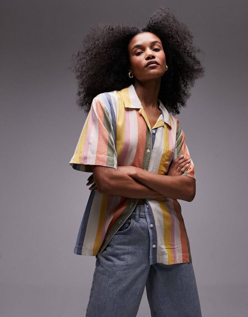 

Яркая рубашка в полоску с короткими рукавами Topshop