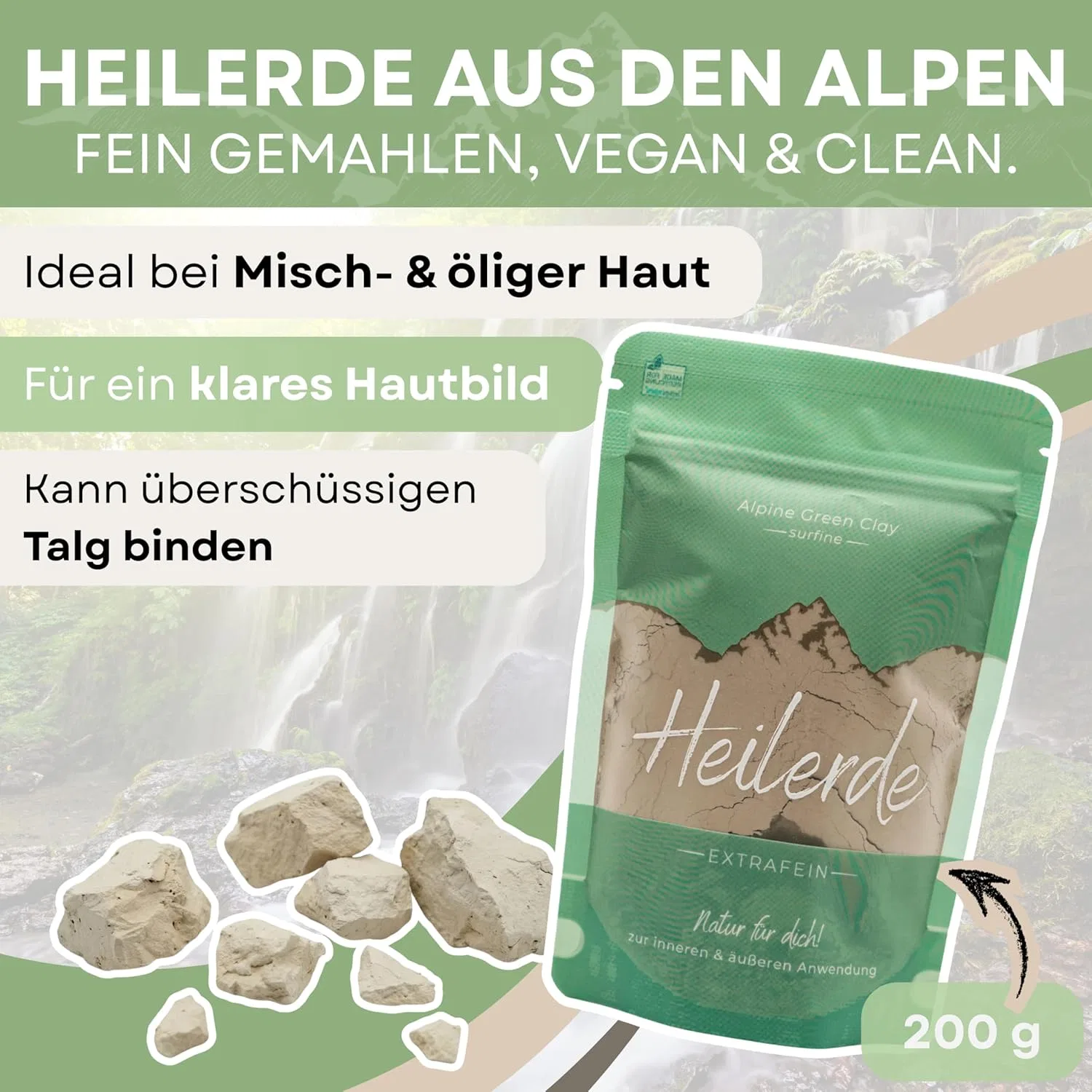 Натуральная зеленая глина для лица и тела 200 г Alpine Green Clay, Healing Clay — фото 2
