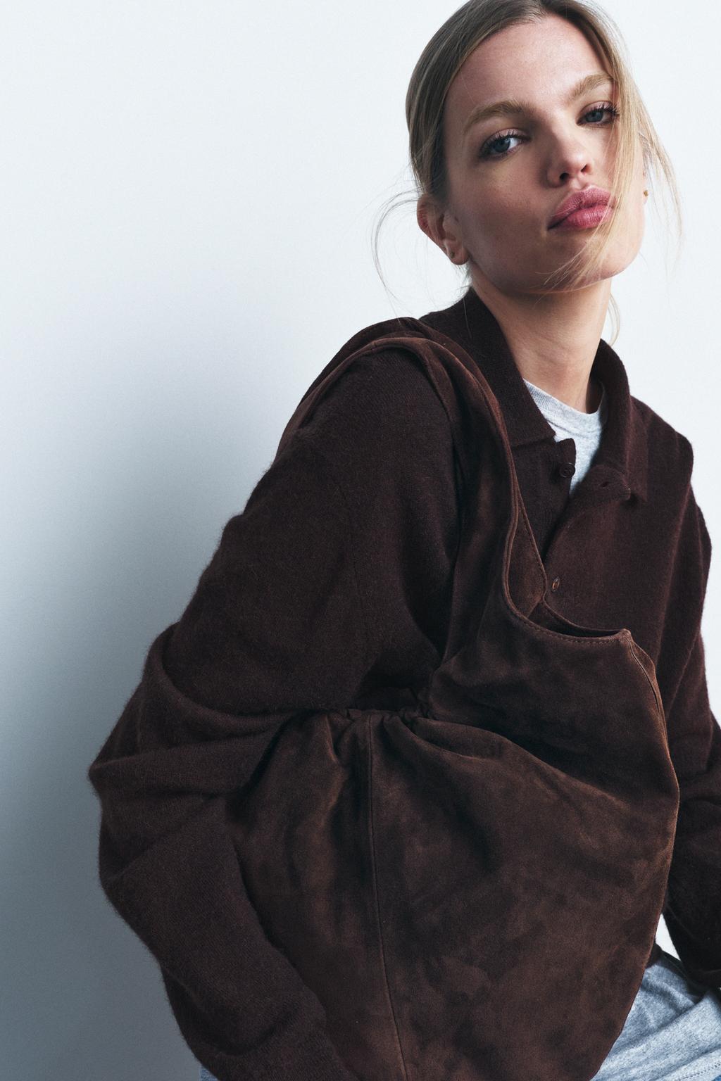 

Собранная разрезная замшевая сумка-ведро ZARA, коричневый