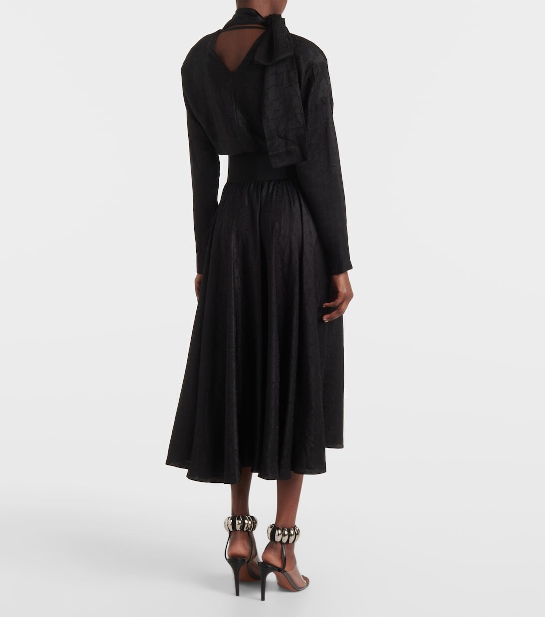 Платье миди из смесового шелка с завязками на воротнике Alaïa, черный — фото 3