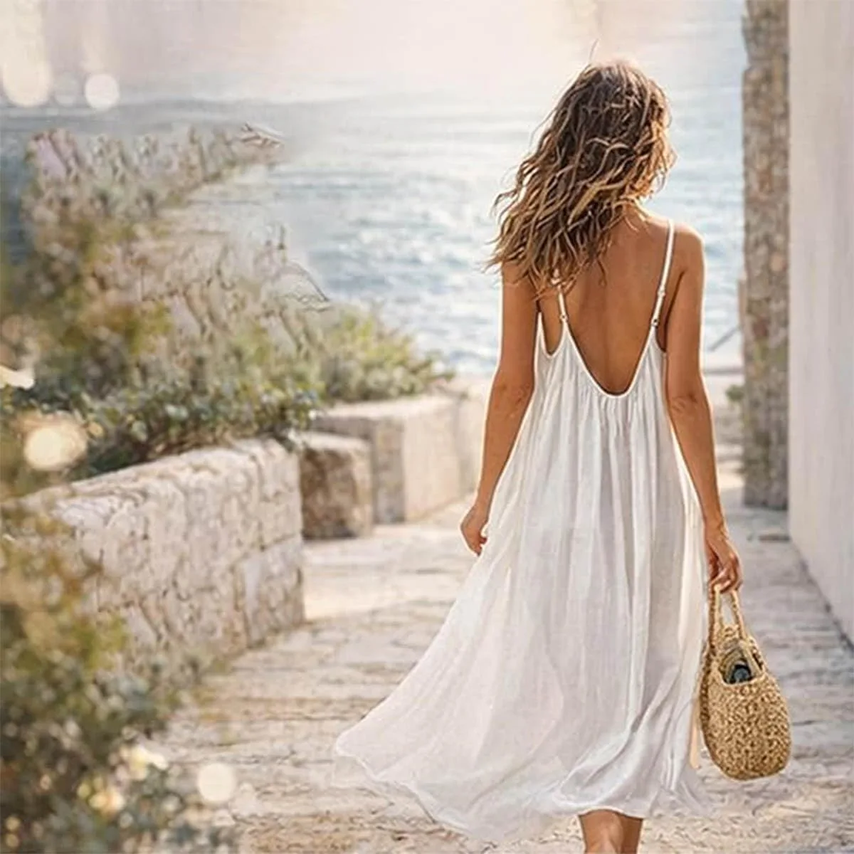 Платье-ками Backless для женщин, ками Lounge Dress Backless однотонное безрукавное домашнее платье с завязкой на спине Generic, роза — фото 3