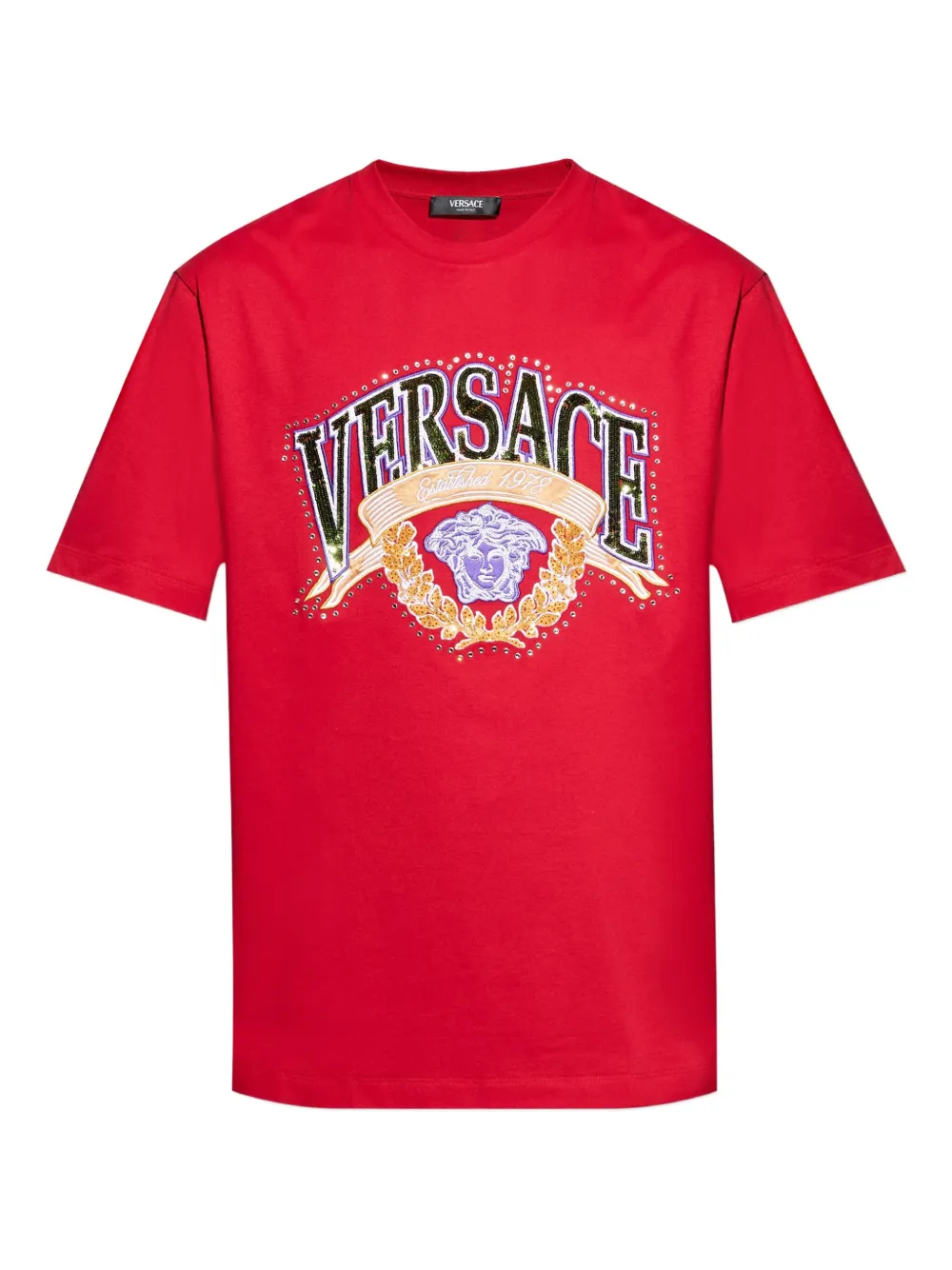 

Футболка с круглым вырезом, украшенная пайетками VERSACE, красный