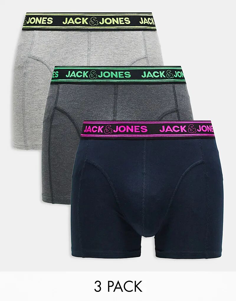 

Комплект из 3 трусов-боксеров с неоновым поясом в черном и сером цвете Jack & Jones