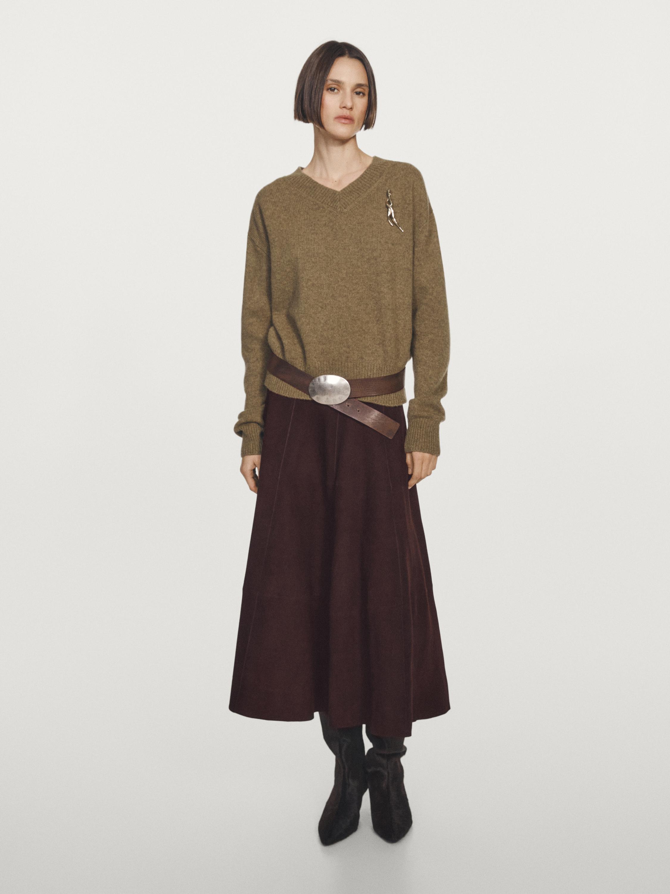 

100% шерстяной трикотажный свитер с V-образным вырезом Massimo Dutti, оливковый