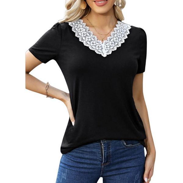 

Женская футболка с V-образным вырезом и коротким рукавом в стиле кружевного вязания Yesfashion, Black
