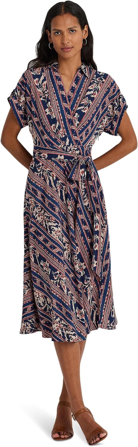 

Платье LAUREN Ralph Lauren Geo-Stripe Belted Crepe Dress, цвет Navy Multi