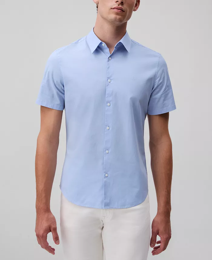 

Мужская классическая рубашка с коротким рукавом Slim Fit, однотонная, на пуговицах, с эластичной тканью Calvin Klein, синий