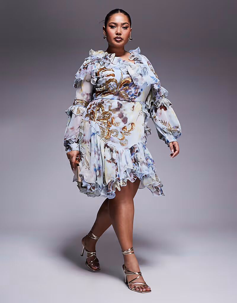 

Асимметричное мини-платье ASOS LUXE Curve из органзы и шифона с принтом и синими цветочными мотивами в стиле вестерн