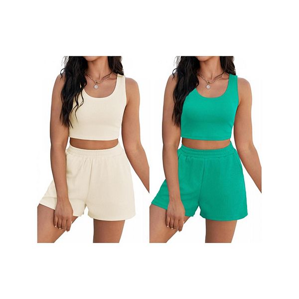 

Женский летний сет из 2 предметов: укороченный топ и шорты с карманами, 2 шт Athlechic, Green Apricot