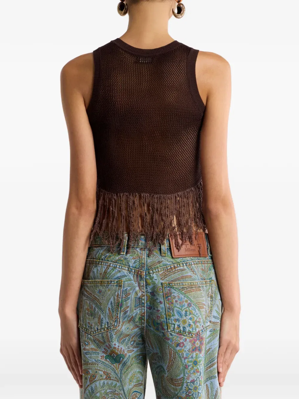 Топ с бахромой и цветочным декором Etro, коричневый — фото 4