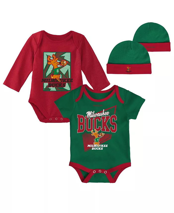 Комплект для младенцев (мальчиков и девочек) Milwaukee Bucks Hardwood Classics: боди и вязаная шапочка с отворотом, цвет охотничий зеленый и красный Mitchell & Ness — фото 2