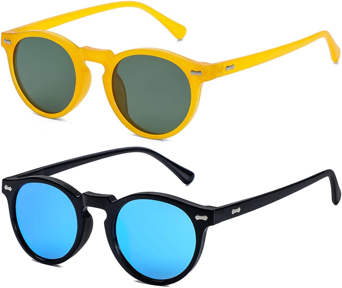 

Солнцезащитные очки Gleyemor Vintage Polarized для мужчин, круглые, с защитой UV400, в ретро-стиле, с оправой из ацетата ручной работы, Two-pack (Yellow Frame/Green Lens + Black Frame/Blue Mirror Lens)