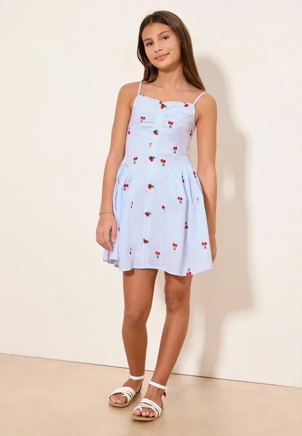Платье повседневное Lipsy, Regular fit, с вышивкой вишни и полоской, сине-белое — фото 4
