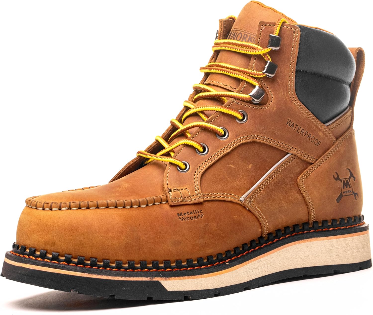 

MWORK 6 Мужские сапоги с открытым носком, кожаная водонепроницаемая подошва на танкетке, защитный металлический носок, соответствие стандарту ASTM F2413-18, поддержка свода стопы, против усталости, золотисто-коричневый