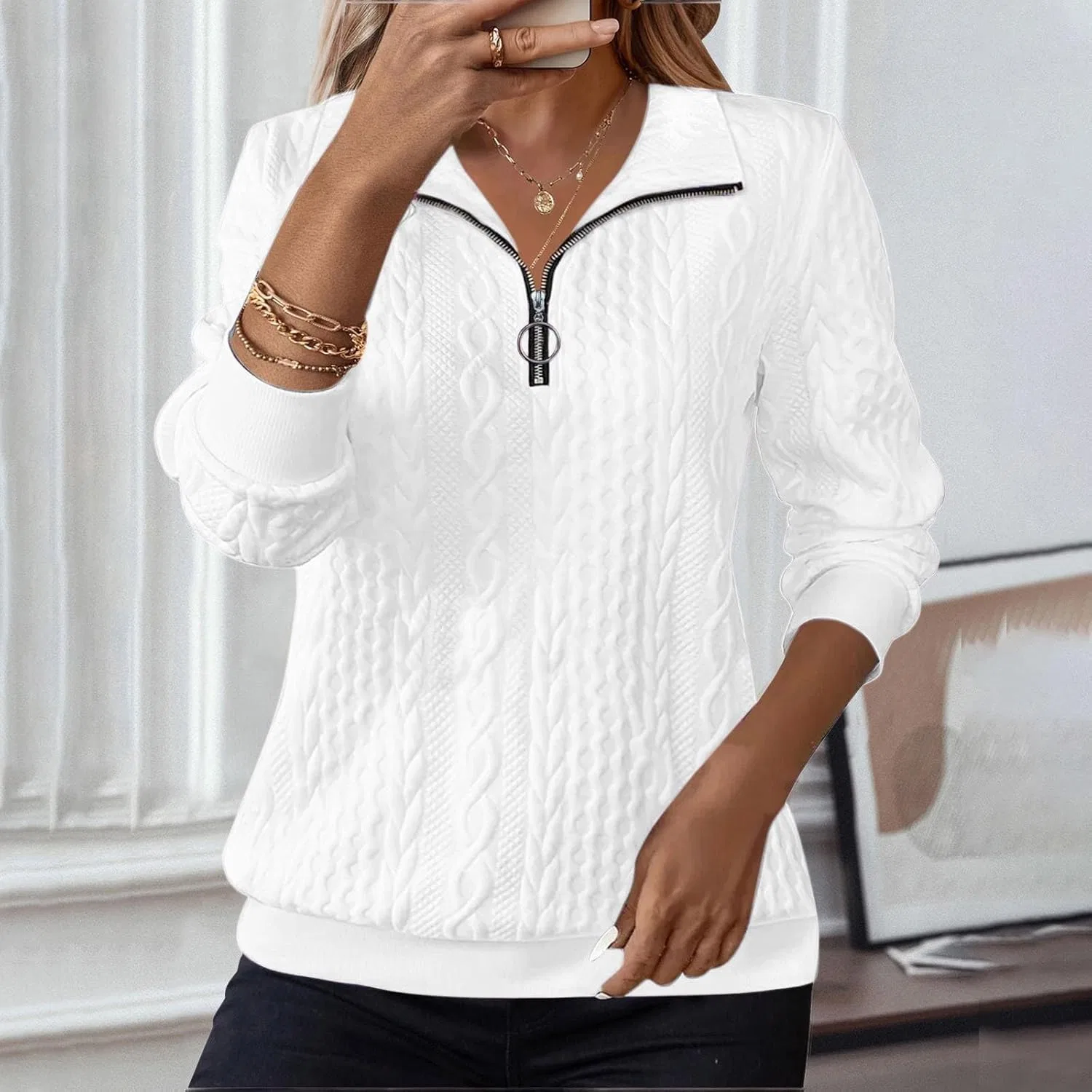 Женский свитшот Quarter Zip Collared, бренд Generic, цвет 1b-white — фото 2