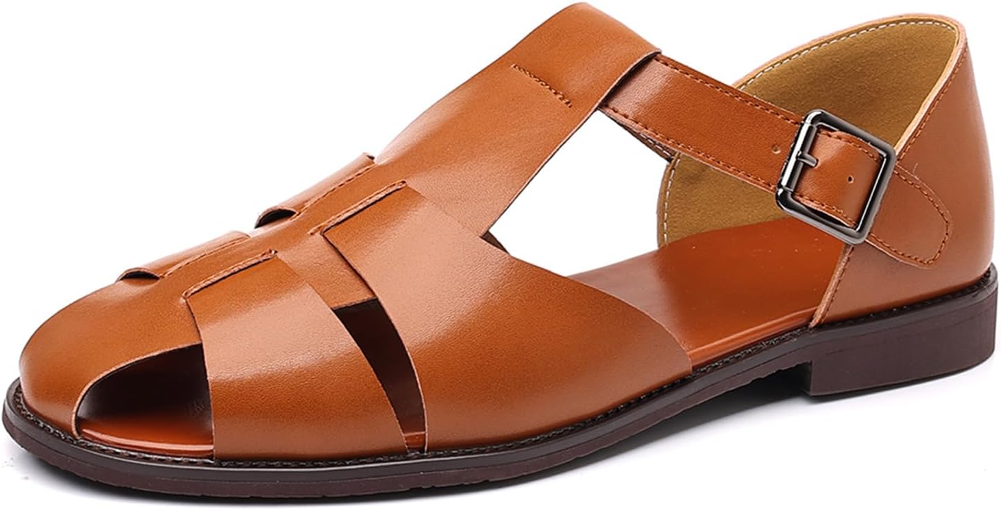 

Мужские закрытые сандалии с плоской подошвой типа «фишерман», легкие, с противоскользящей подошвой, регулируемые на липучке, кожаные сандалии для лова рыбы, для летнего пляжа, повседневной носки Eggdk, коричневый