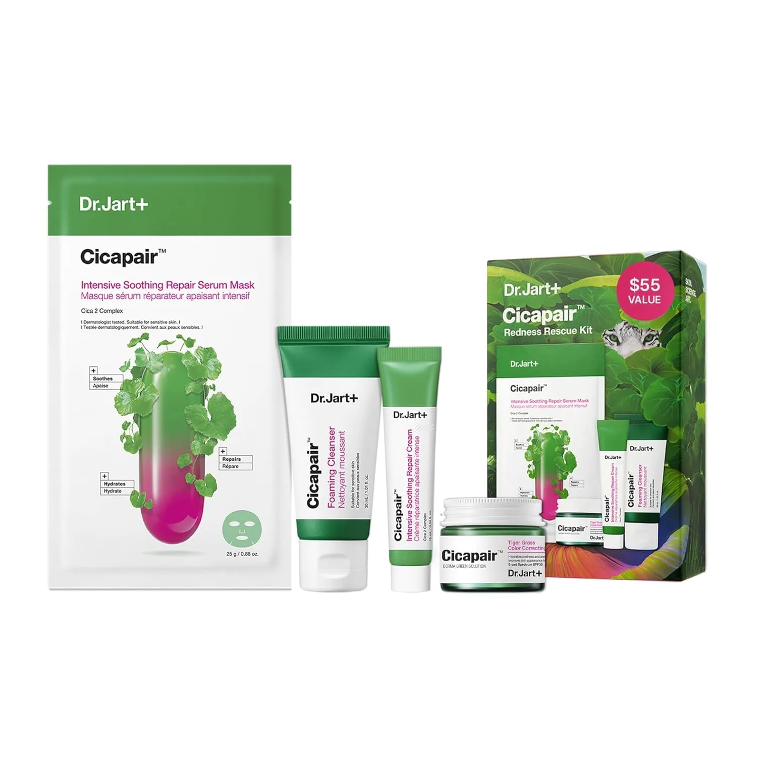 Dr.Jart+ Cicapair Redness Rescue набор для ухода за кожей, мини-формат: крем-корректор, очищающее средство, увлажняющий крем и маска 1 шт. (4 шт.), red