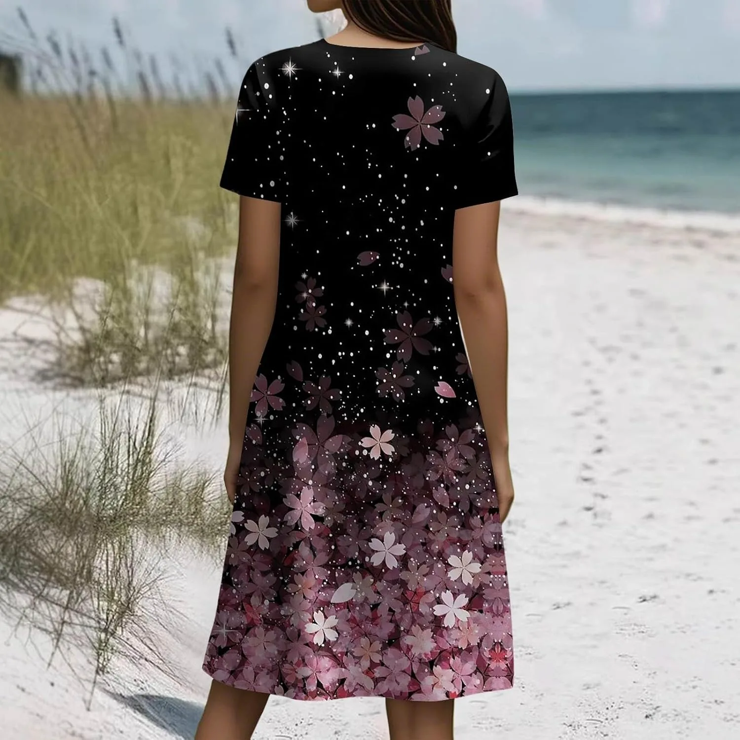 Женское летнее платье 2026 Beach Boho Flower сандарес с коротким рукавом, свободное повседневное платье-футболка с круглым вырезом и карманами Generic, розовый — фото 4