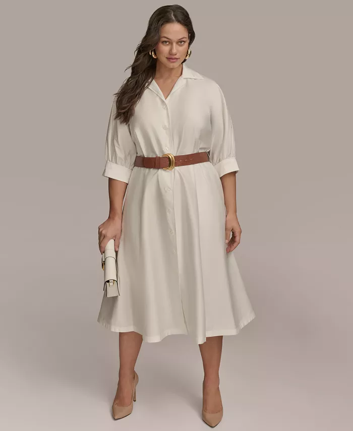 

Платье-рубашка из хлопка больших размеров с поясом и рукавом 3/4 Donna Karan New York, коричневый/бежевый