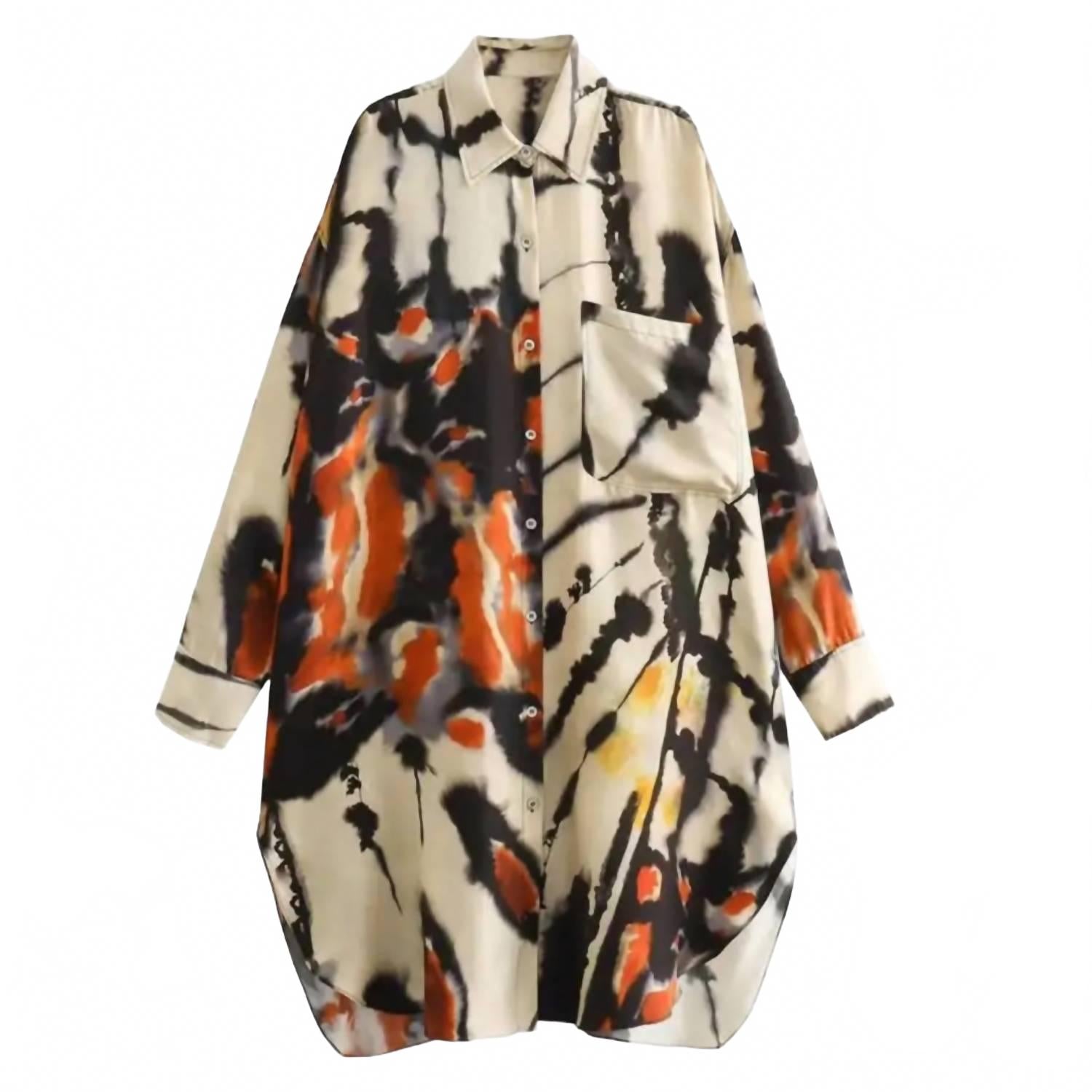 

Женское повседневное платье-рубашка в черном и огненно-оранжевом цвете EAM