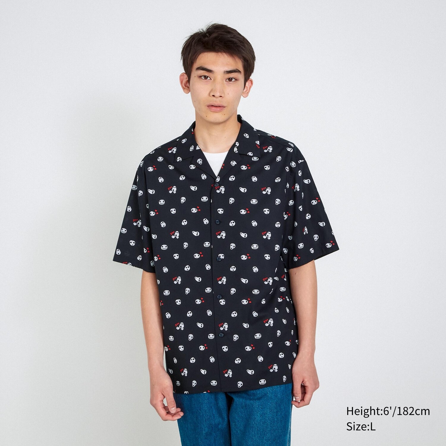 Рубашка UNIQLO Studio Ghibli с открытым воротником и короткими рукавами, черный