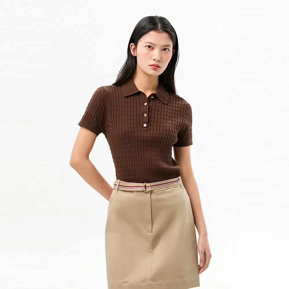 Женский хлопковый вязаный свитер поло коричневый от Tommy Hilfiger Women