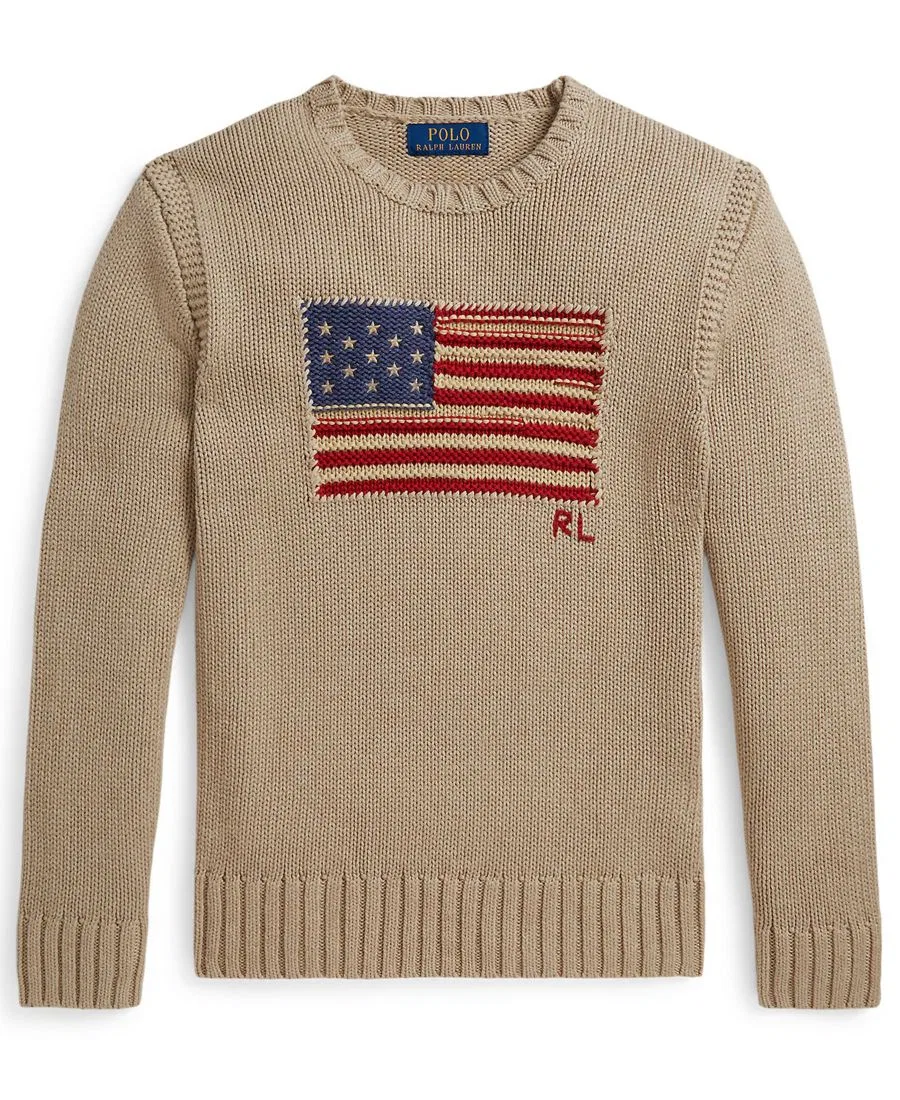 Детский свитер с контрастной отделкой и изображением флага (8-20 лет) Polo Ralph Lauren, бежевый