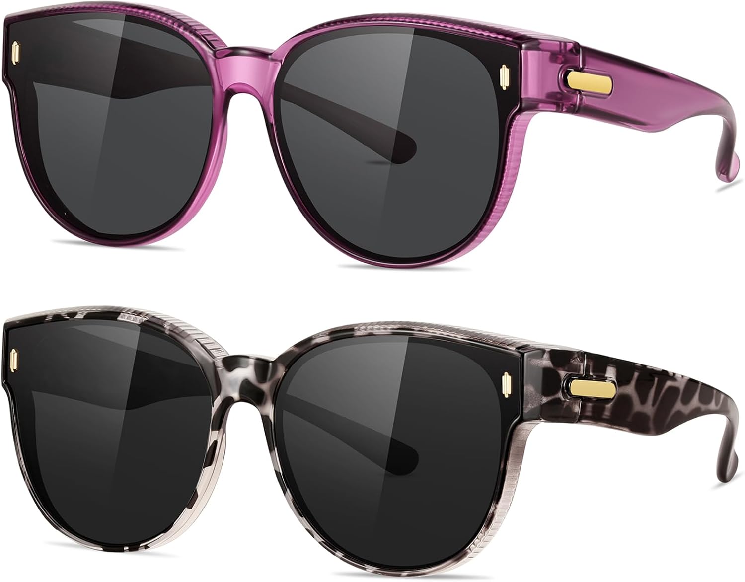 

Поляризованные солнцезащитные очки для женщин, надеваемые поверх обычных очков, модные большие круглые очки, защищающие глаза от ультрафиолета UV400, идеально подходят для вождения YMRFW, 2pack (Purple/Gray+gray Tortoise/Gray)