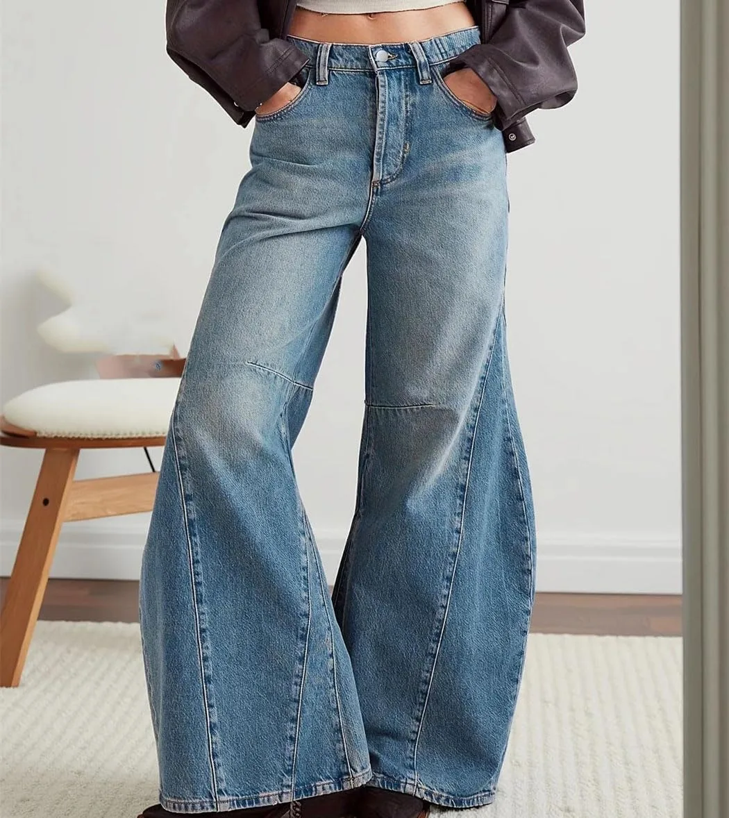 Generic Женские джинсы в стиле стрит-фэшн Vintage Washed, низкая посадка, светлый синий, расклешенные, широкие — фото 3
