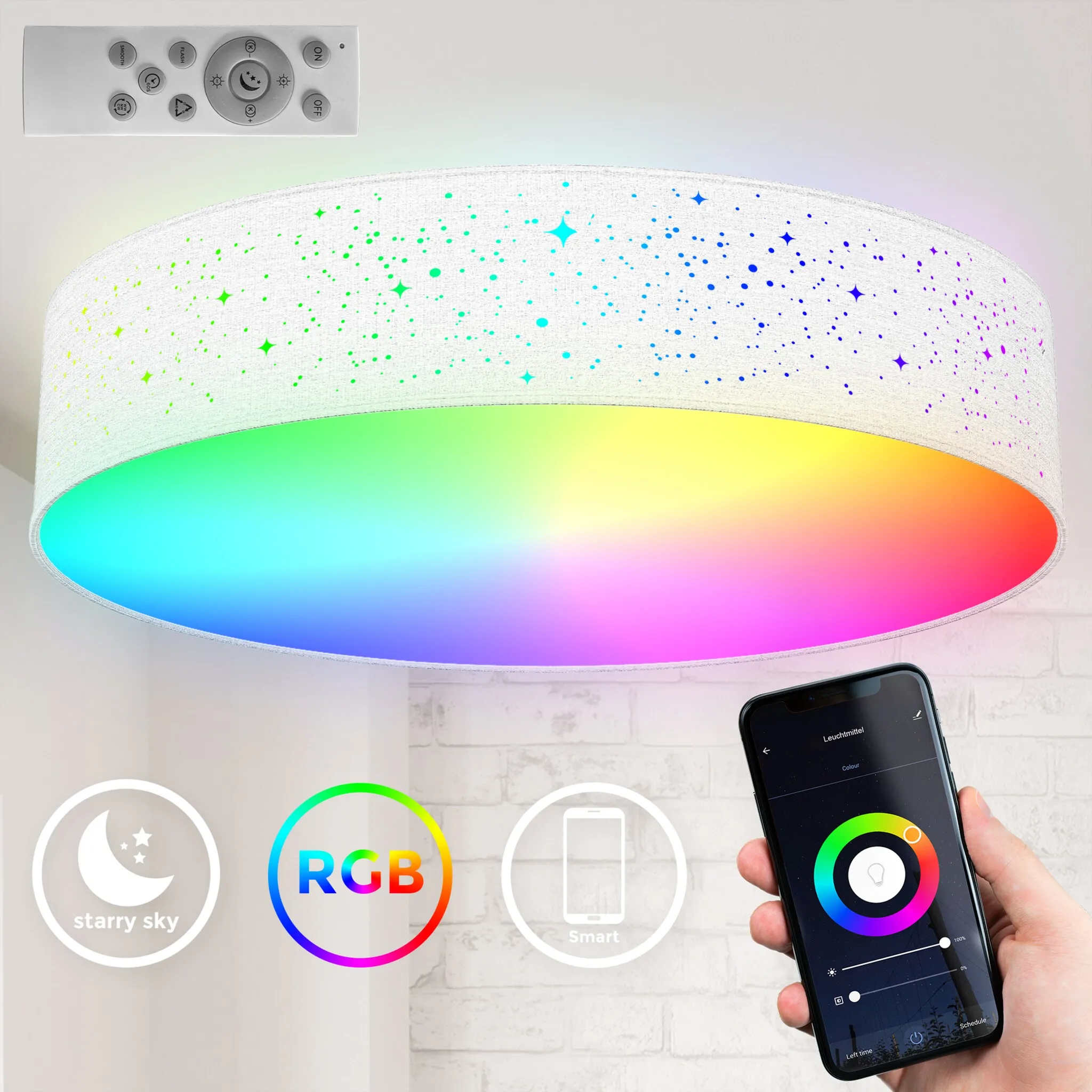 

[T] Светодиодный потолочный светильник B.K.Licht «Потолочный светильник WiFi RGB-CCT, управление через приложение, iOS+Andorid», 1 лампочка, светодиодный модуль накаливания | Прочно встроенный светодиод, включая пульт дистанционного управления,...