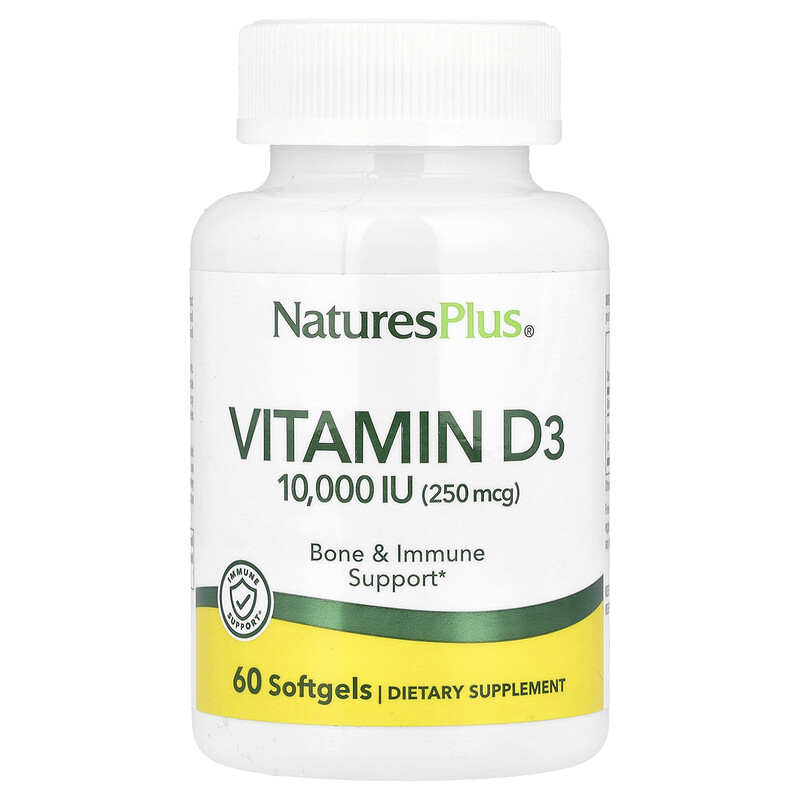 

NaturesPlus, Витамин D3, 250 мкг (10 000 МЕ), 60 мягких таблеток