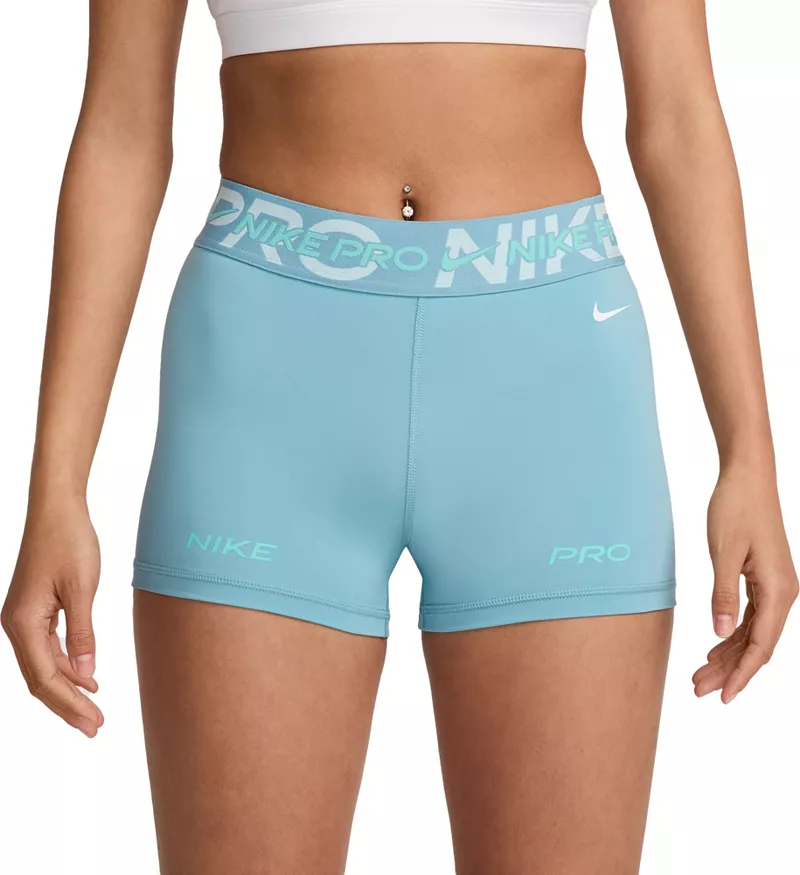 

Женские байкерские шорты Nike Pro со средней посадкой, 3 дюйма, с графическим рисунком, цвет Denim Turq