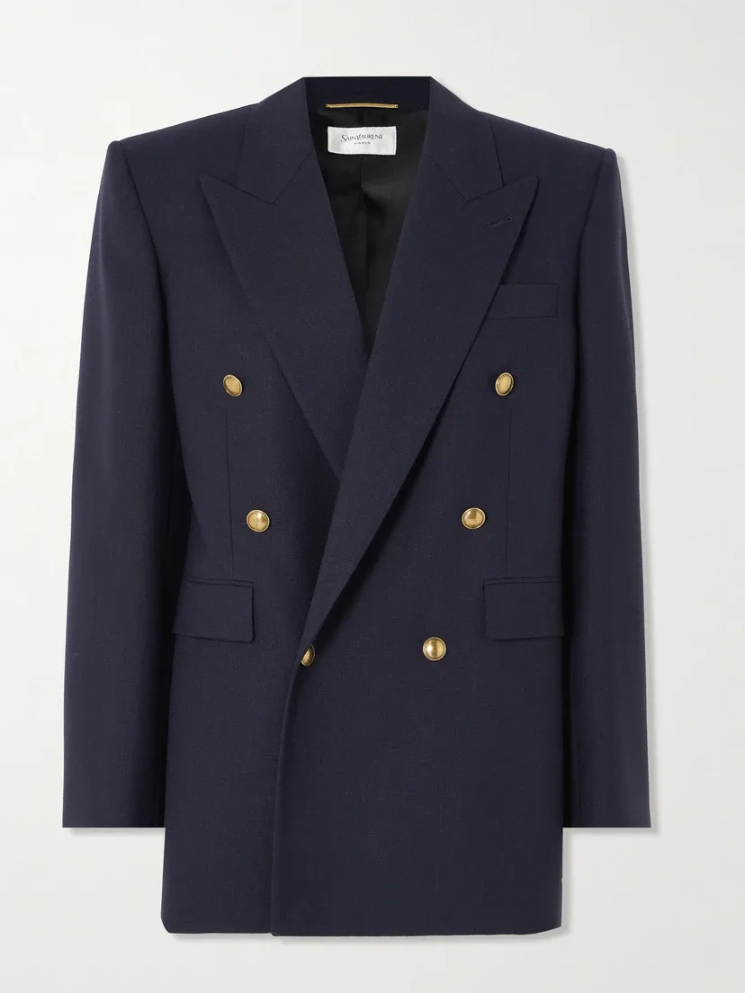 Удлиненный двубортный пиджак из шерсти grain de poudre SAINT LAURENT, синий