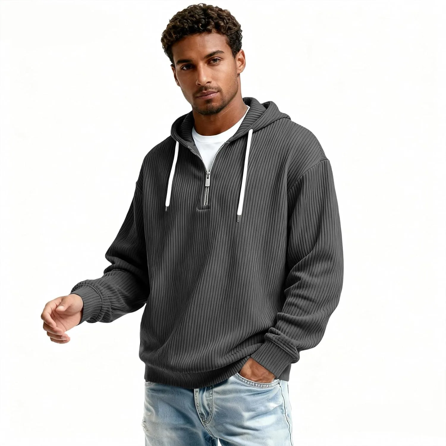 

Мужской худи с молнией на четверть, с длинными рукавами и шнурком OAZKXCN